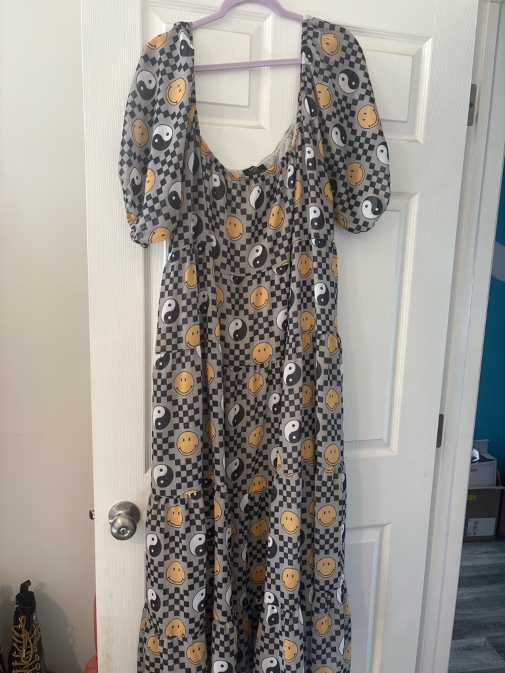 Dressed in LALA Gray Checkerboard Maxi Dress with Yellow Smiley & Yin-Yang Print